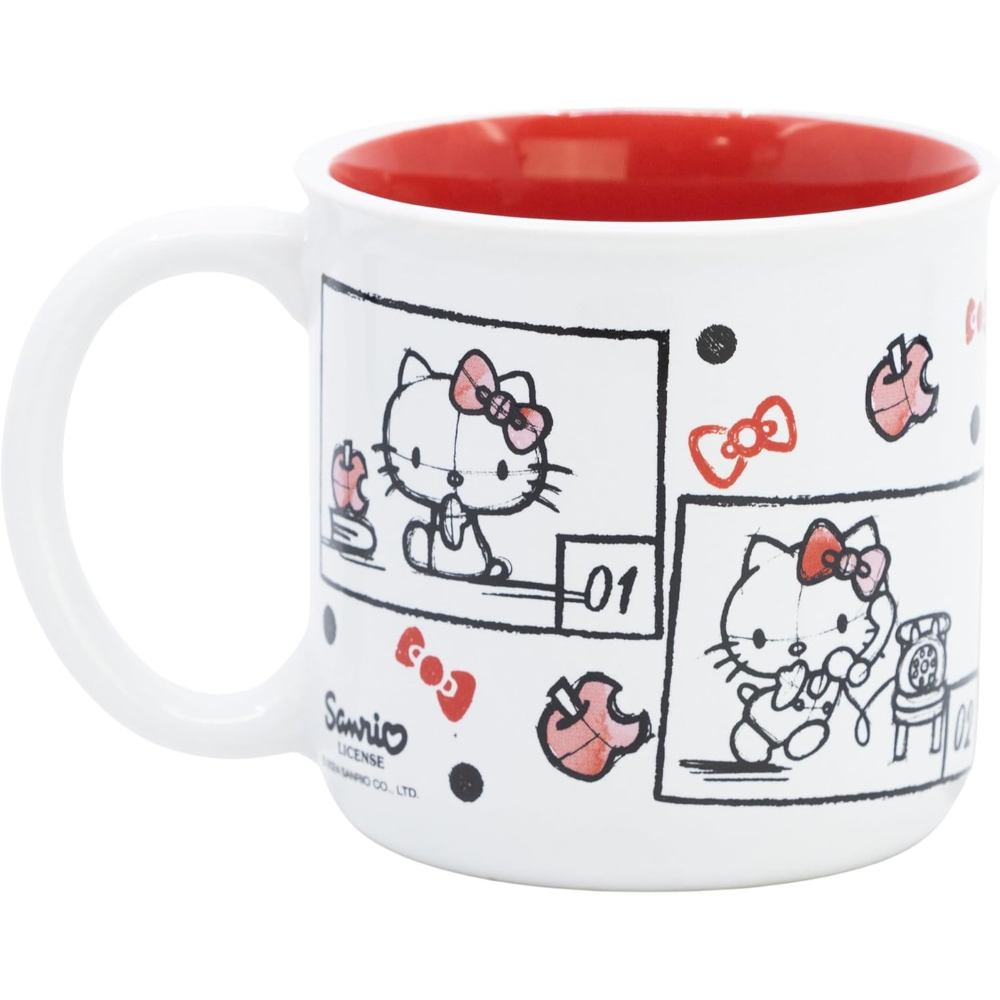 Una taza blanca con ilustraciones de Hello Kitty estilo cómic, con interior rojo. La taza tiene asa.