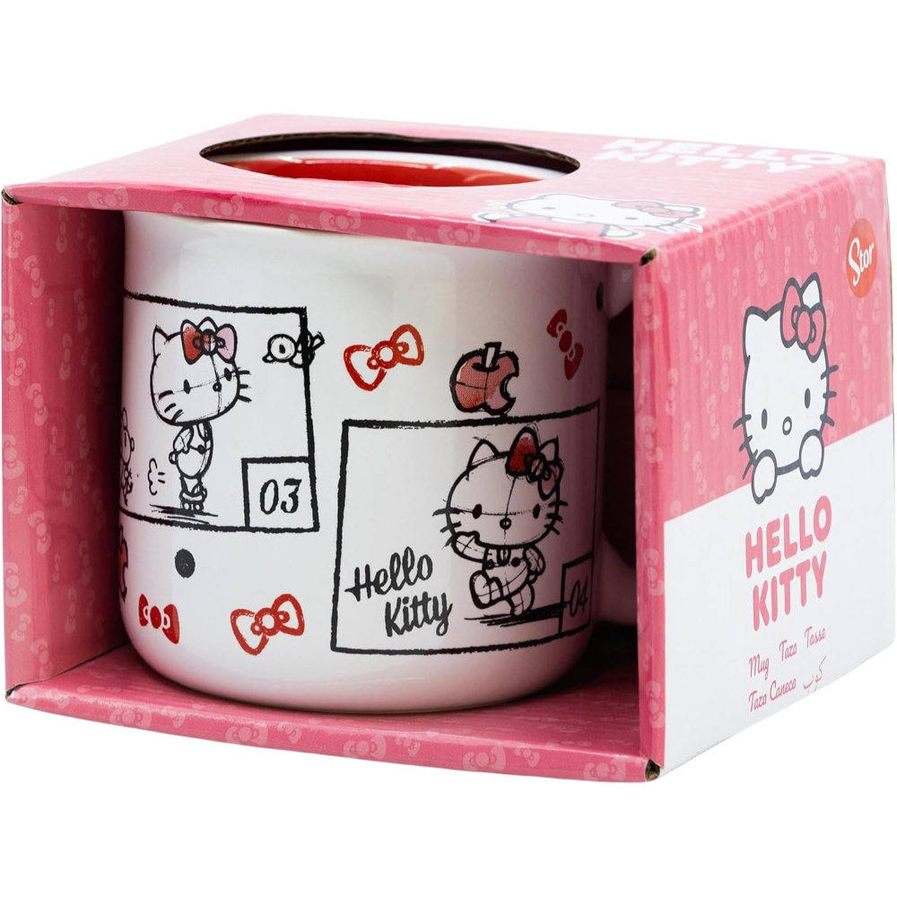 Una taza blanca de Hello Kitty con una caja. La taza tiene imágenes y texto de Hello Kitty.