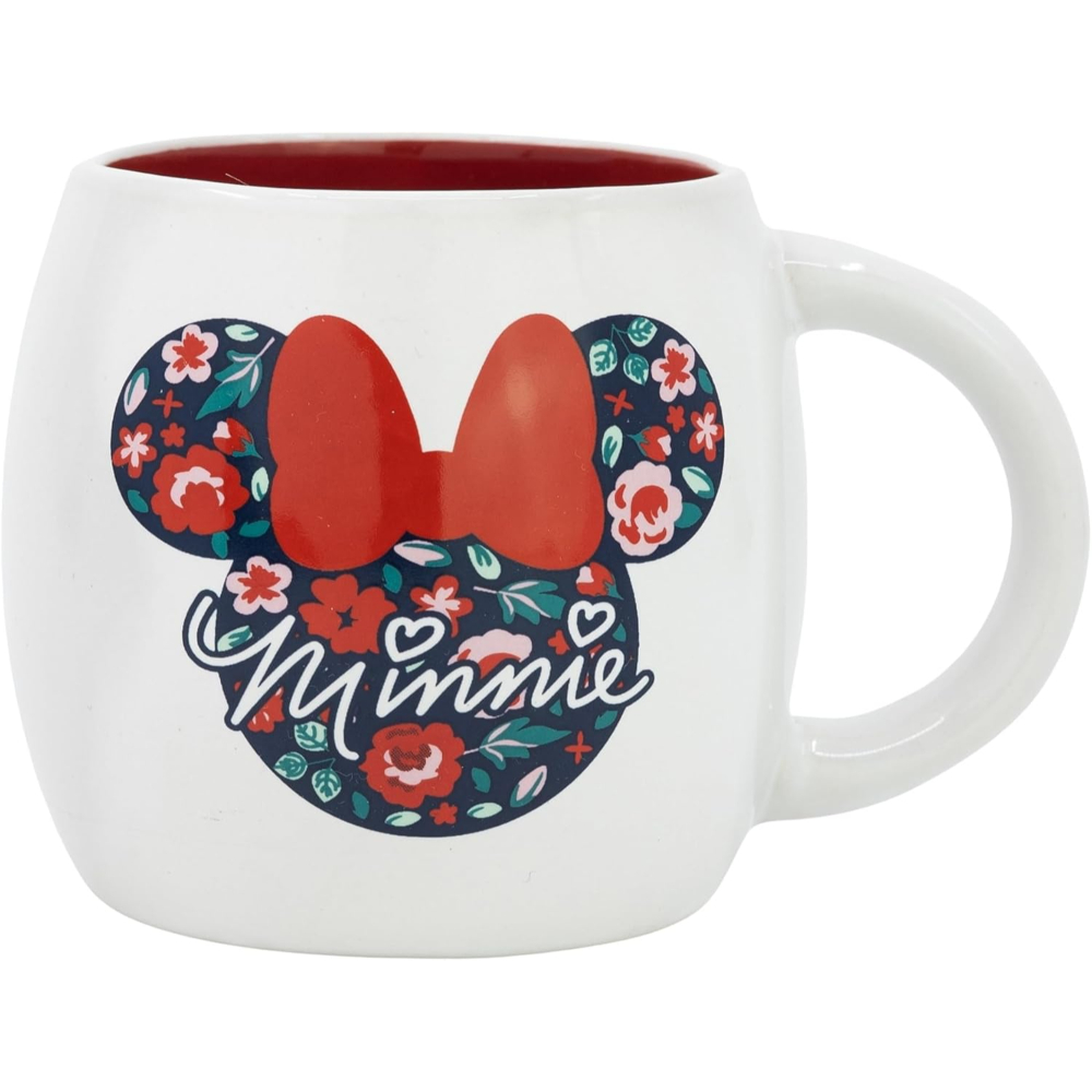 Taza blanca de Minnie Mouse con detalles florales y lazo rojo. El asa es blanca.