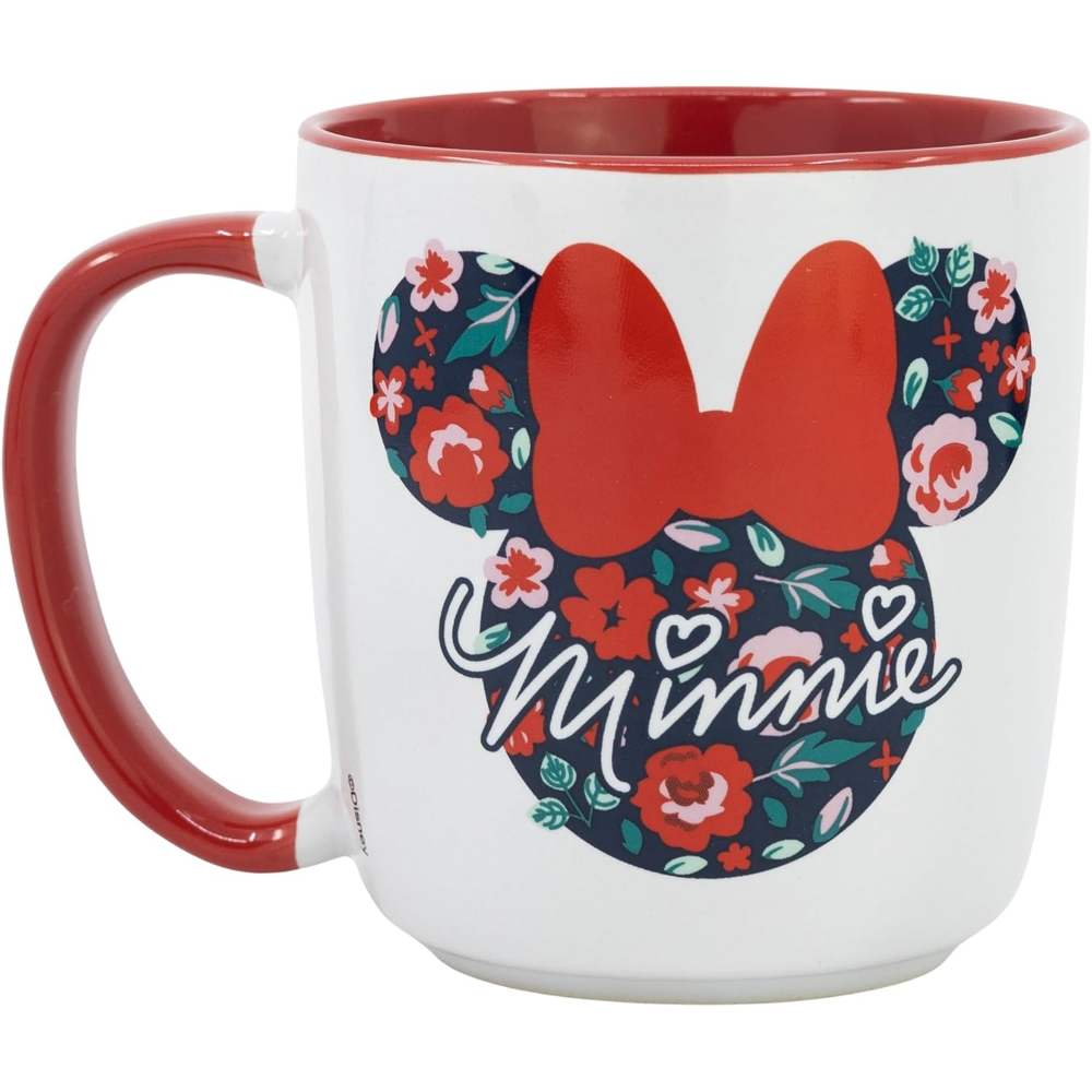 Taza de Minnie Mouse con asa y borde rojos, diseño floral.