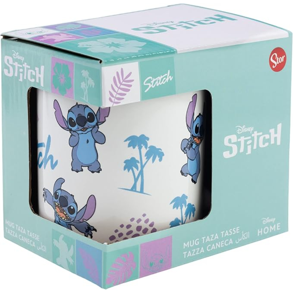 Taza con temática de Stitch en una caja. La taza tiene ilustraciones de Stitch y la caja tiene la marca Stitch.