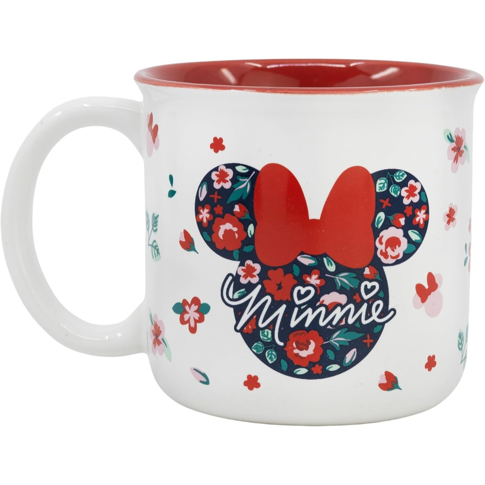 Taza blanca de Minnie Mouse con diseño de la cara de Minnie y lazo rojo. La taza tiene un interior rojo.