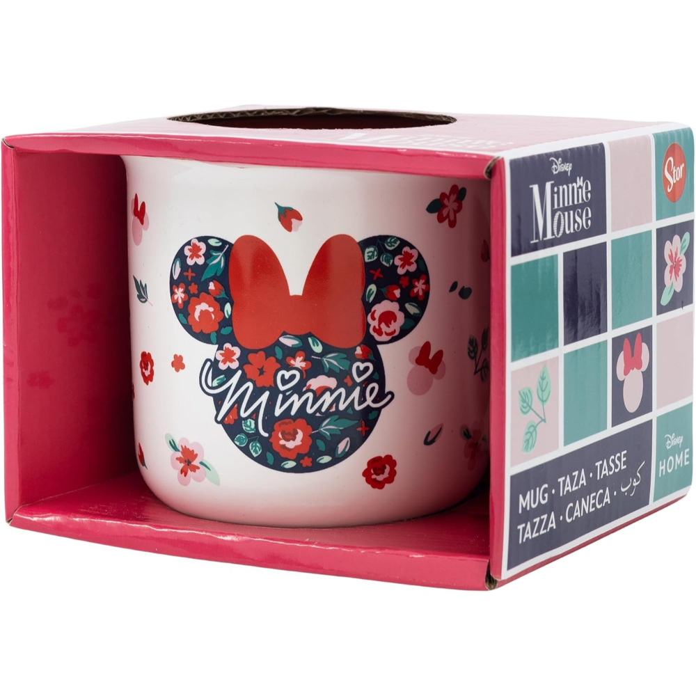 Taza de Minnie Mouse en una caja. Taza blanca, cara de Minnie con lazo rojo, flores. Caja rosa.