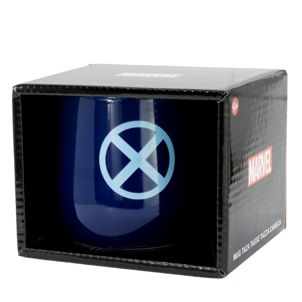 Taza azul con el logo de X-Men en una caja negra.