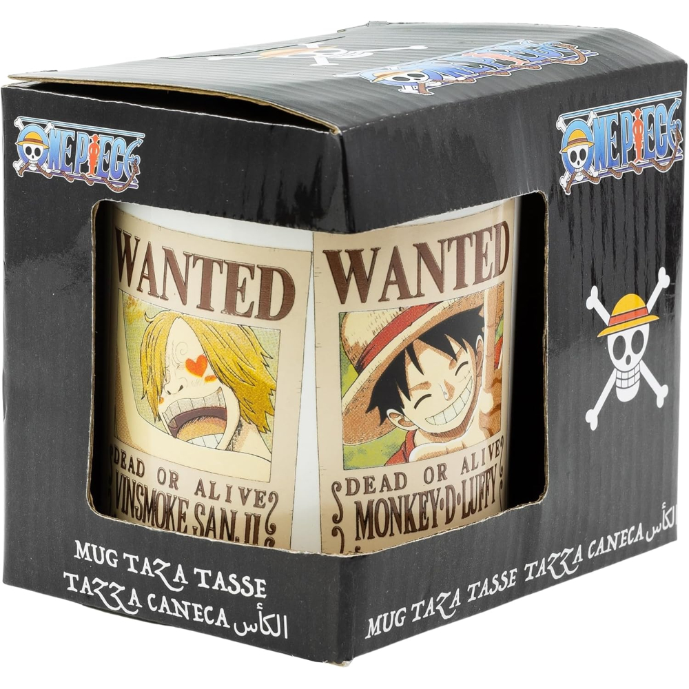 Taza de One Piece en caja. Carteles de Wanted con personajes de anime. Logo de calavera y huesos cruzados.