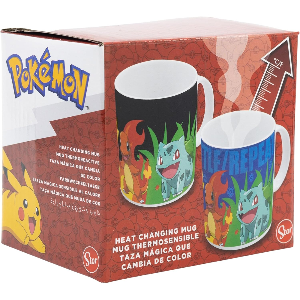 Taza Pokémon que cambia con el calor. Muestra personajes Pokémon. Caja con cambio de calor, escala de temperatura.