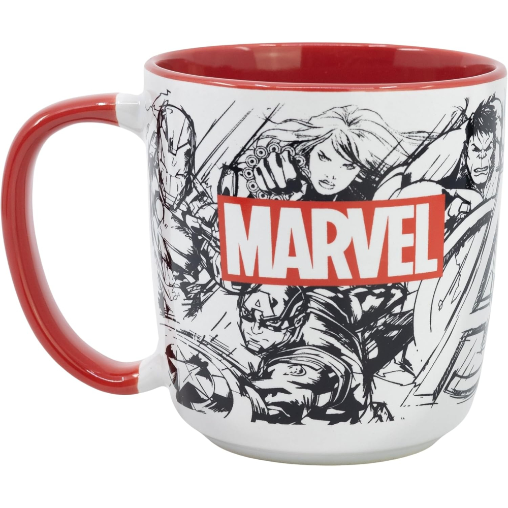 Una taza de Marvel con asa e interior rojos, con personajes de Marvel.