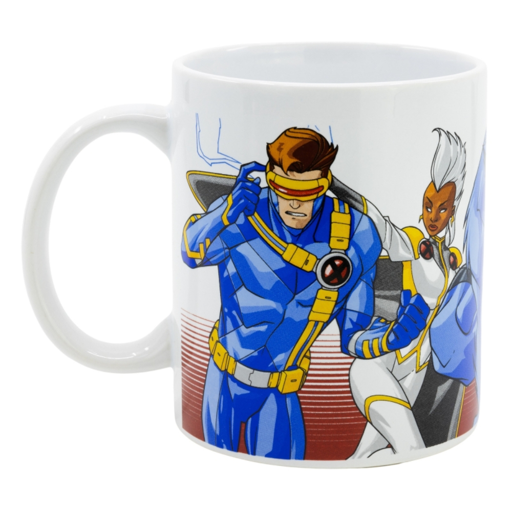 Taza blanca con Cíclope y Tormenta de X-Men. Cíclope en azul, Tormenta en blanco. Fondo blanco.