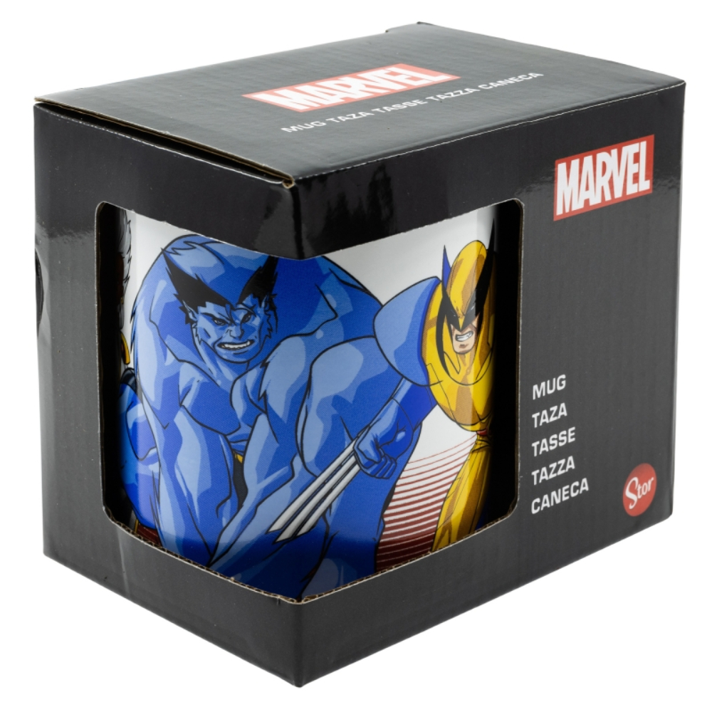 Taza de Marvel en una caja negra. Presenta a Lobezno y Bestia con el logotipo de Marvel.