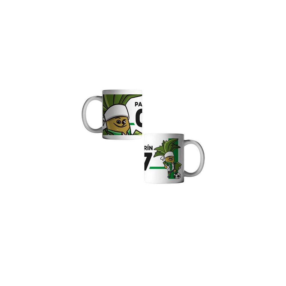 Tazas con un personaje de dibujos animados verde con sombrero. Una muestra el número 7.