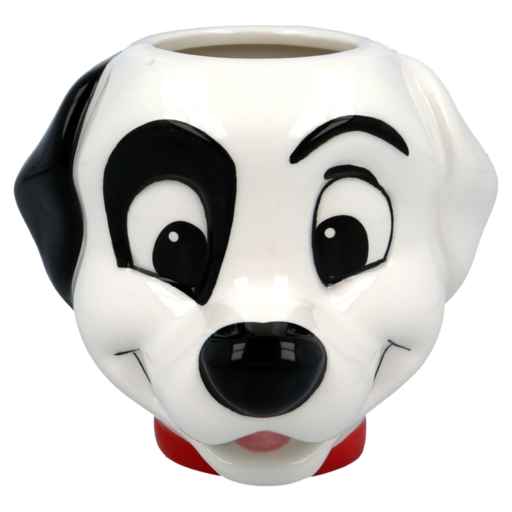 Taza con cabeza de dálmata. Taza blanca con la cara de un dálmata. Orejas y manchas negras, collar rojo, blanco y negro.
