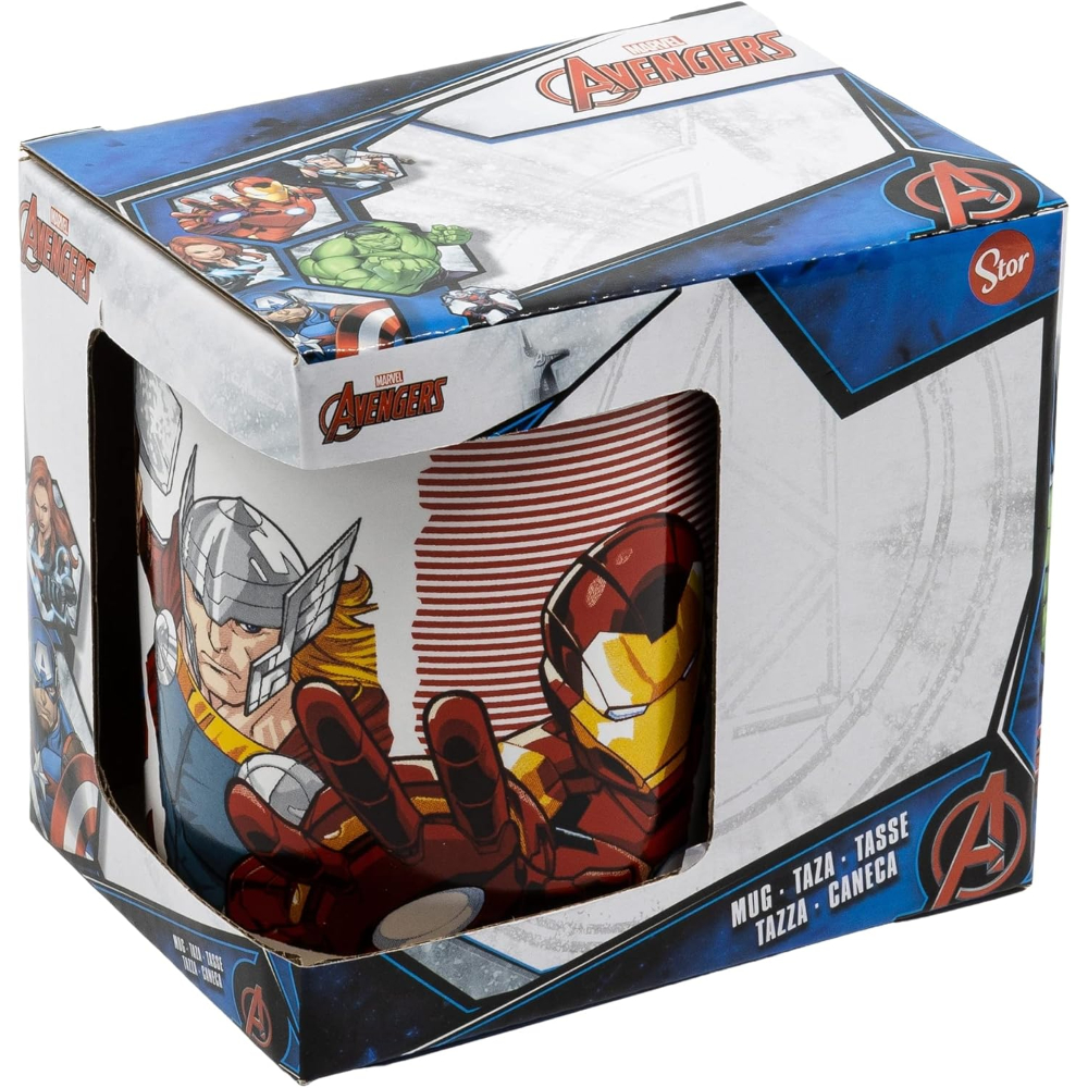 Una taza con personajes de los Vengadores en una caja. Iron Man y Thor son visibles.
