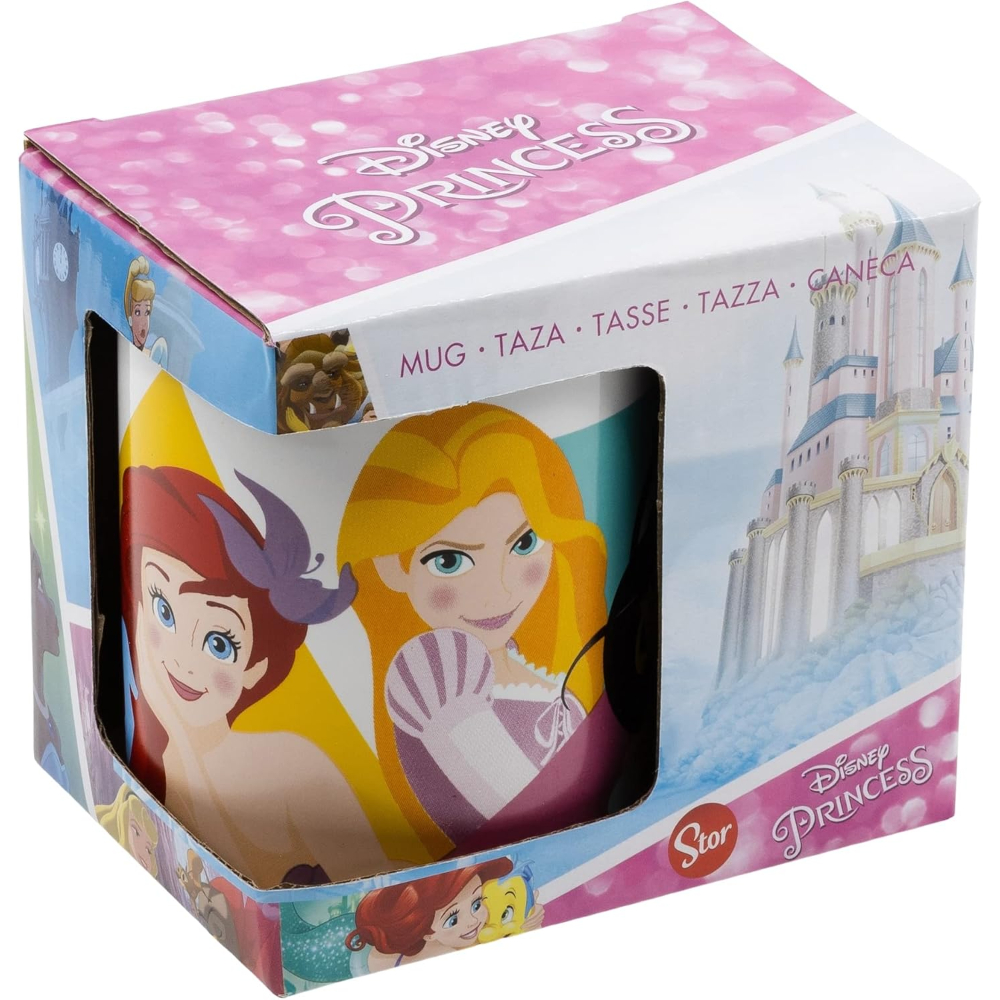 Taza de Disney Princess en caja, con princesas e imagen de castillo.