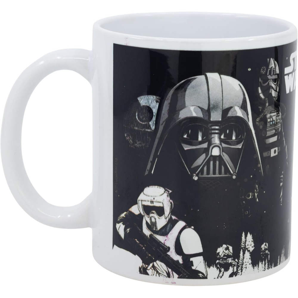 Star Wars-Tasse, weiß mit Darth Vader, Sturmtruppen und anderen Charakteren.