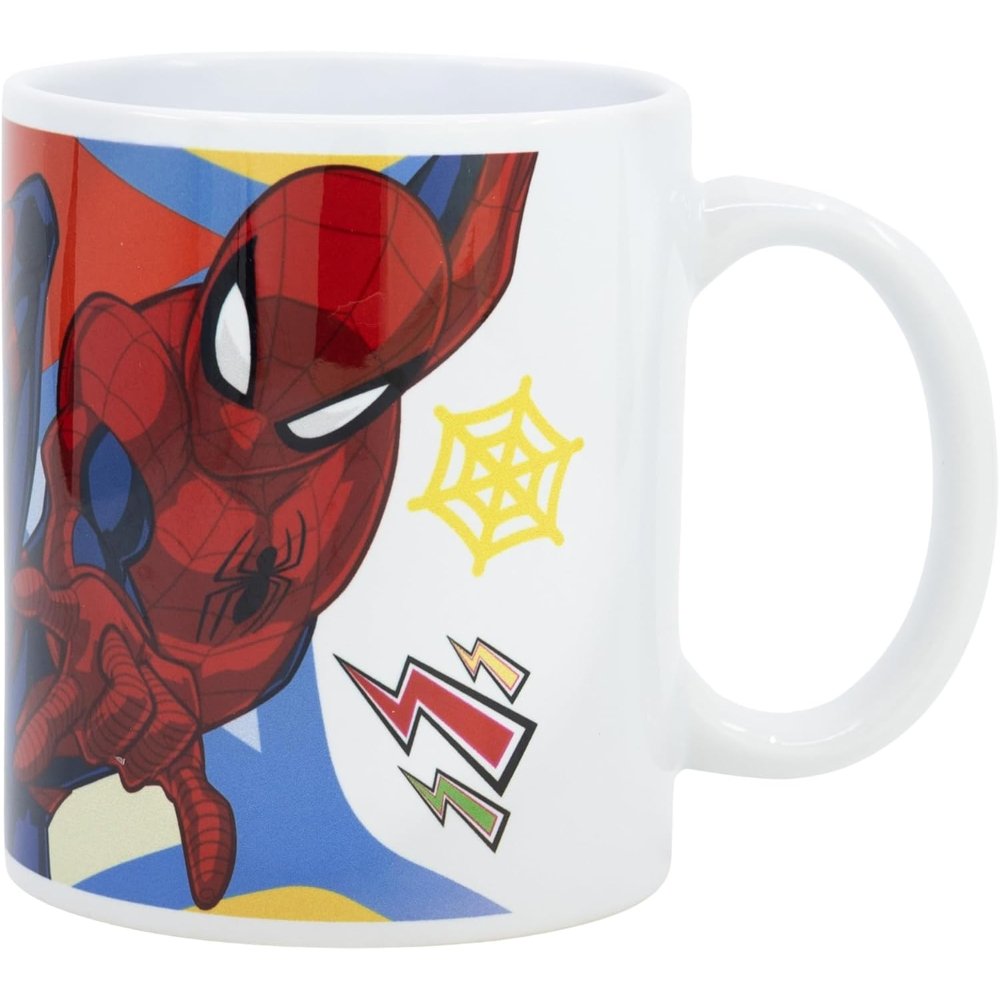 Taza blanca de Spider-Man. Spidey en un lado, elementos de diseño rojo y amarillo.