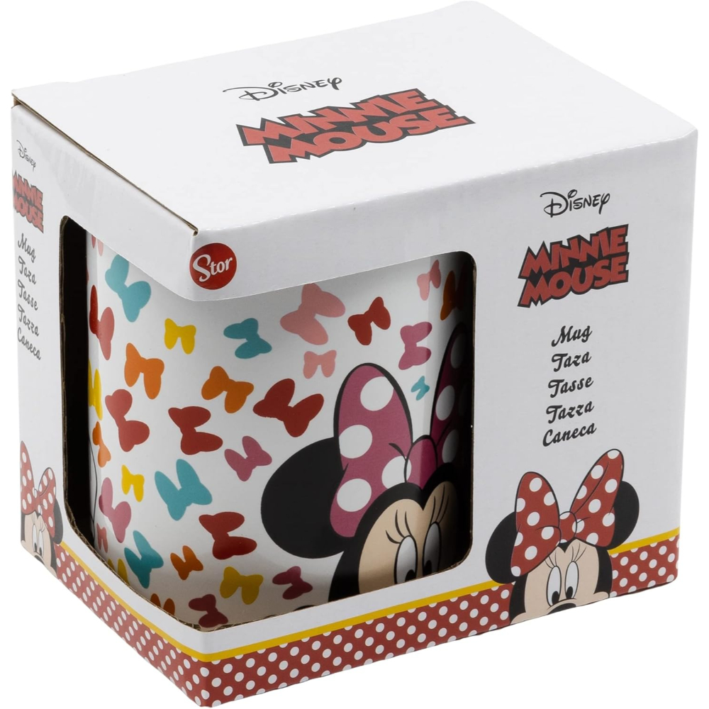 Taza de Minnie Mouse en una caja con la cara de Minnie, lazos y lunares.