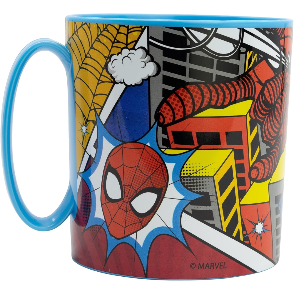 Eine Spider-Man-Tasse mit blauem Henkel, die Spider-Man und Comic-Kunst zeigt.