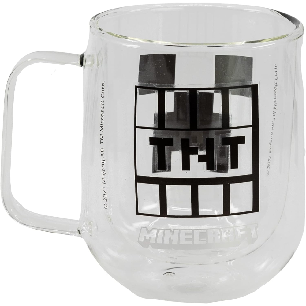 Taza transparente de Minecraft con diseño TNT negro, logo blanco de Minecraft.