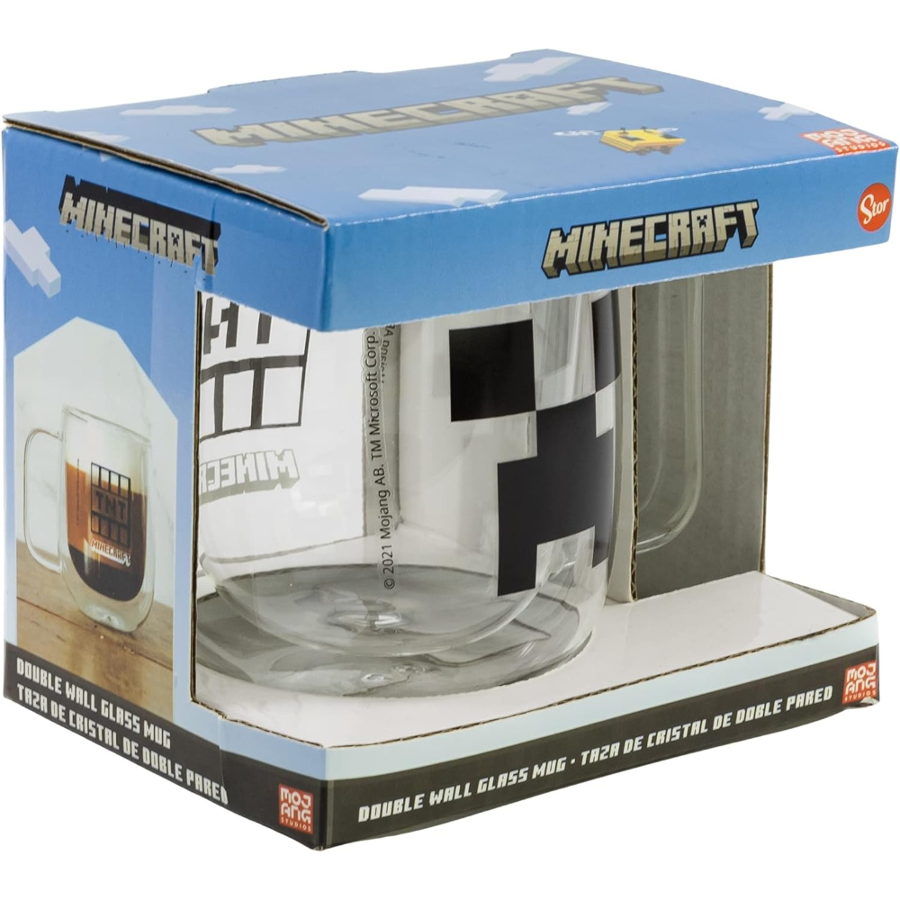 Taza de vidrio de doble pared de Minecraft en una caja. Diseño de Creeper en blanco y negro.