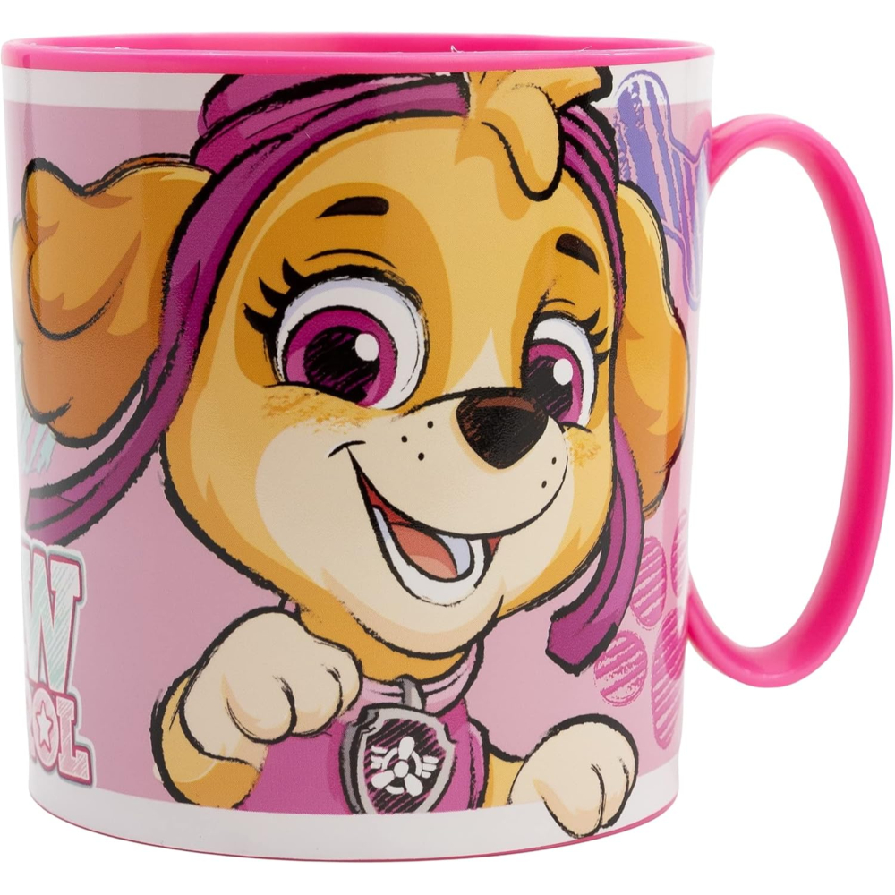 Paw Patrol Skye Tasse mit rosa Griff. Zeigt Skye den Hund auf pinkem Hintergrund.