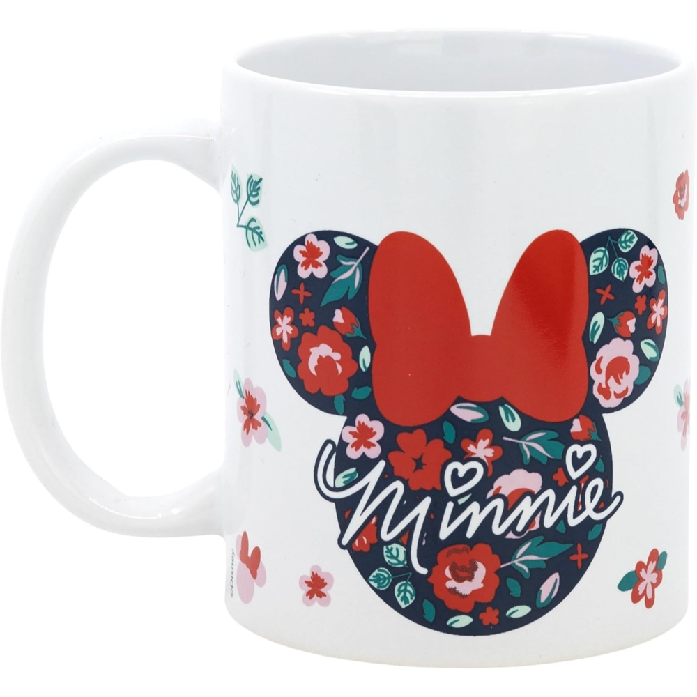 Taza blanca de Minnie Mouse con diseño floral de Minnie, lazo rojo y nombre de Minnie.