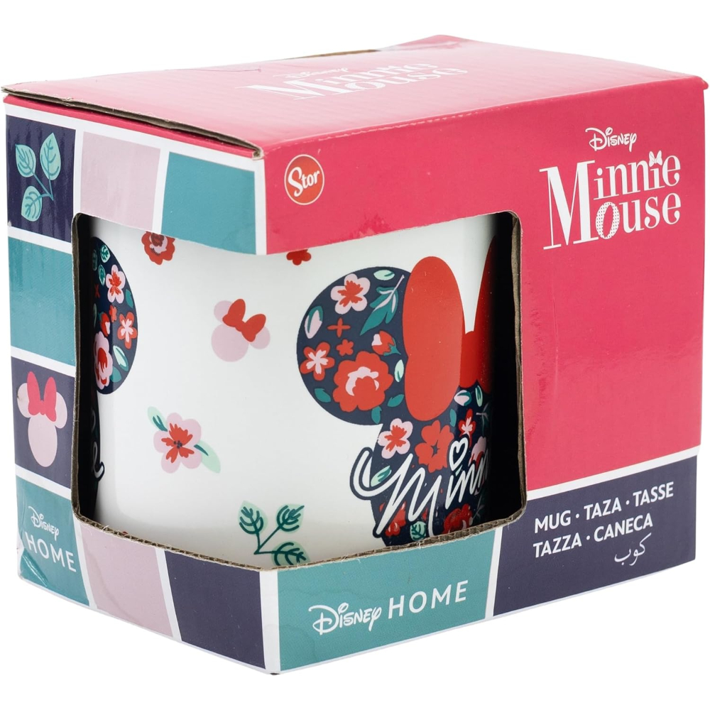 Una taza blanca en una caja con Minnie Mouse, rodeada de flores y el logo de Disney.