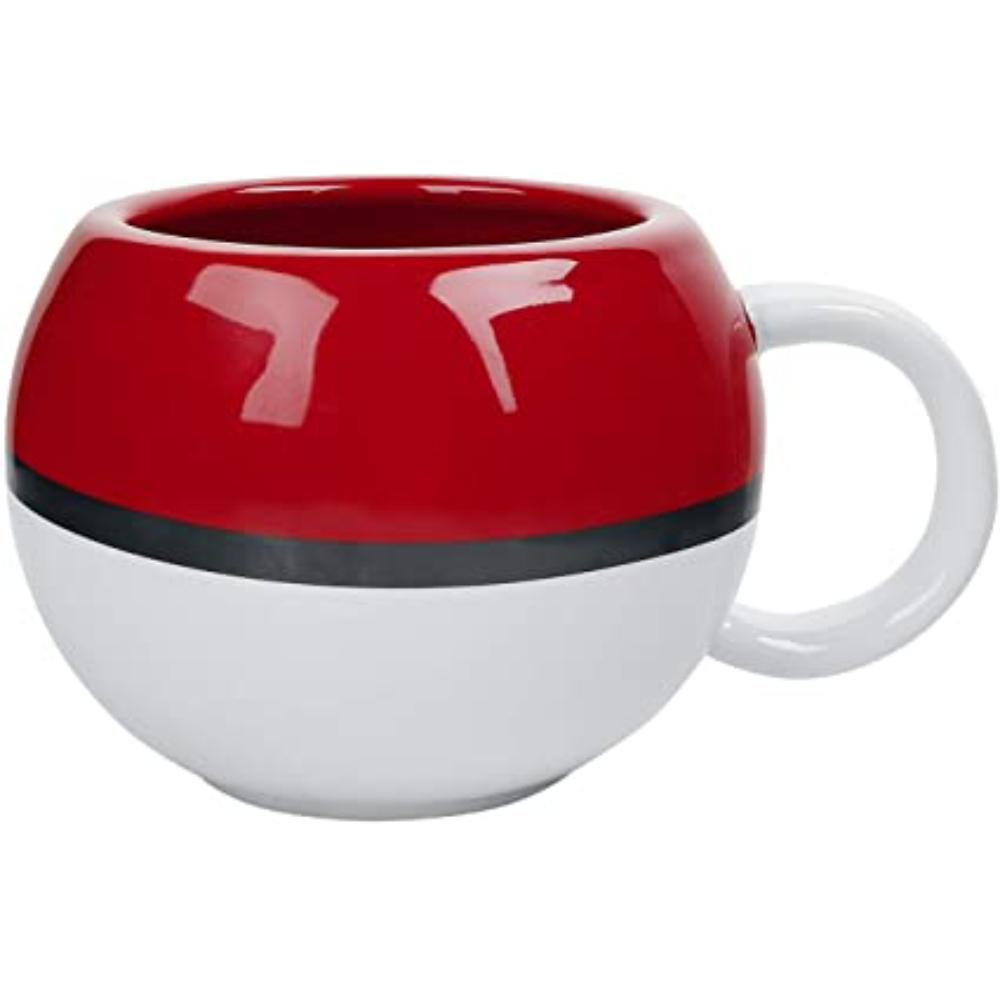 Pokemon Pokeball-Tasse. Sie ist rot und weiß mit einem schwarzen Streifen. Der Griff ist weiß.