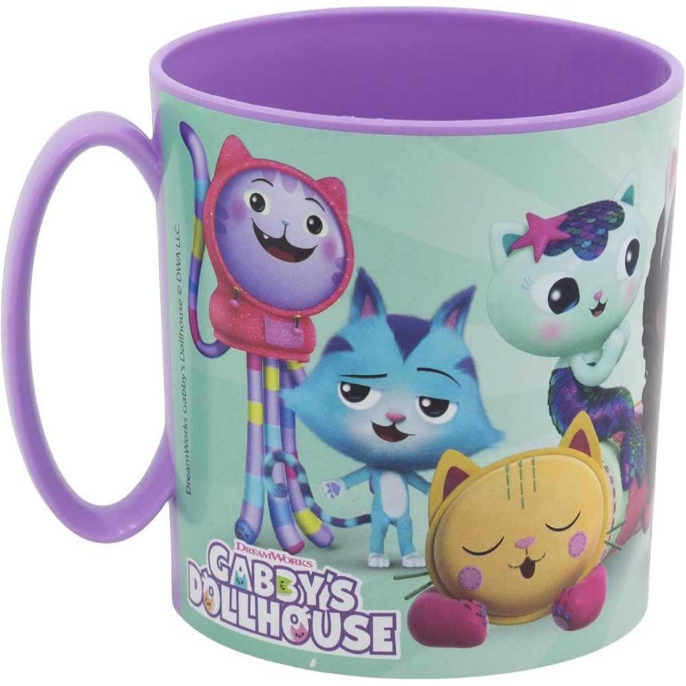 Taza morada y azul claro con personajes de Gabby's Dollhouse. Diseños de gatos.