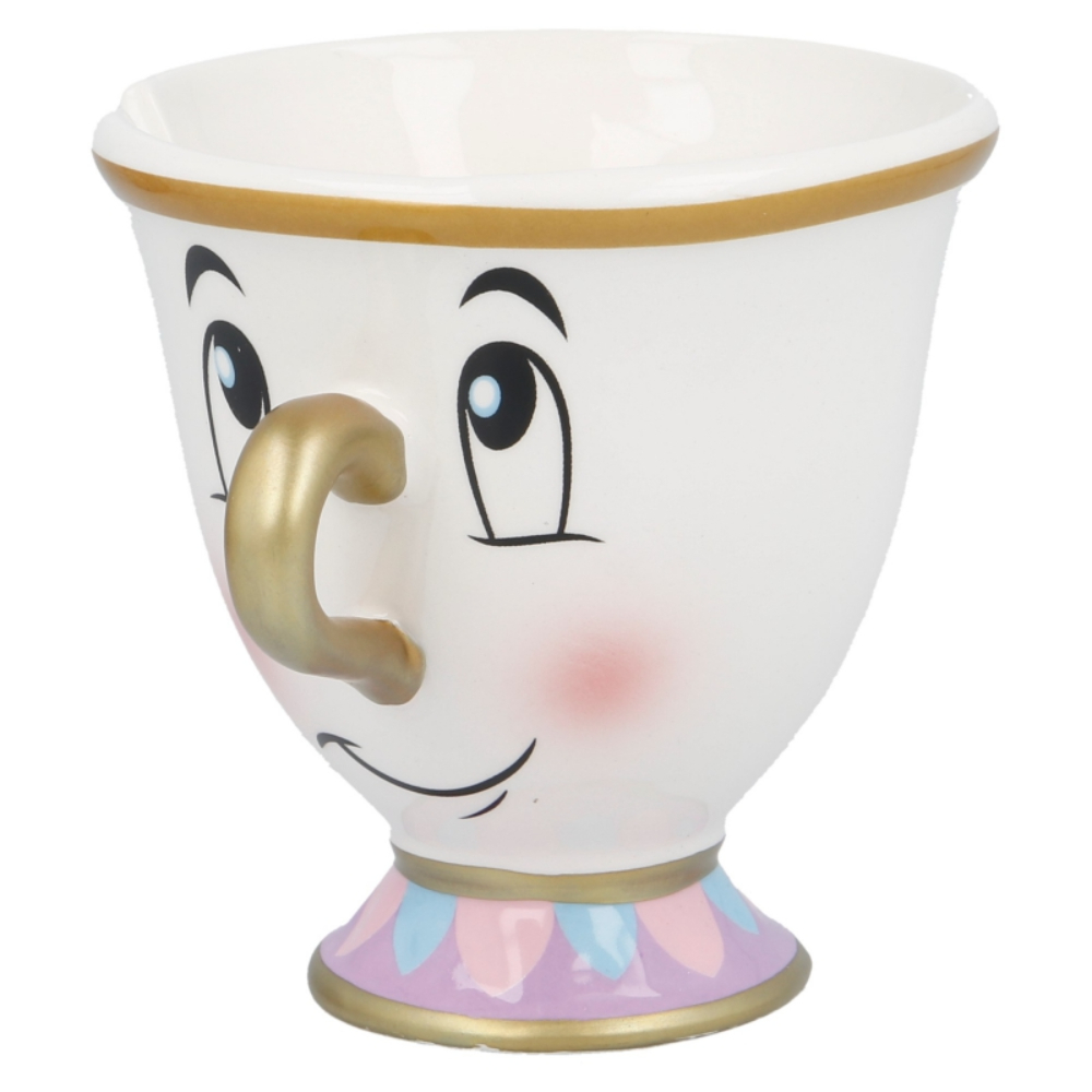 Tasse Chip de la Belle et la Bête. Elle a un visage avec une anse ébréchée et un bord doré.