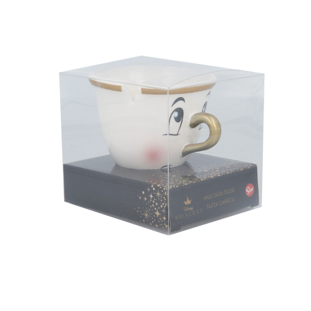 Mug de La Belle et la Bête dans une boîte. Mug blanc avec le visage de Zip, anse dorée.