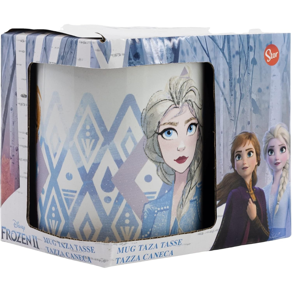 Frozen II Tasse in einer Box. Weiße Tasse mit Elsa darauf. Box hat Frozen II und Anna und Elsa im Hintergrund.