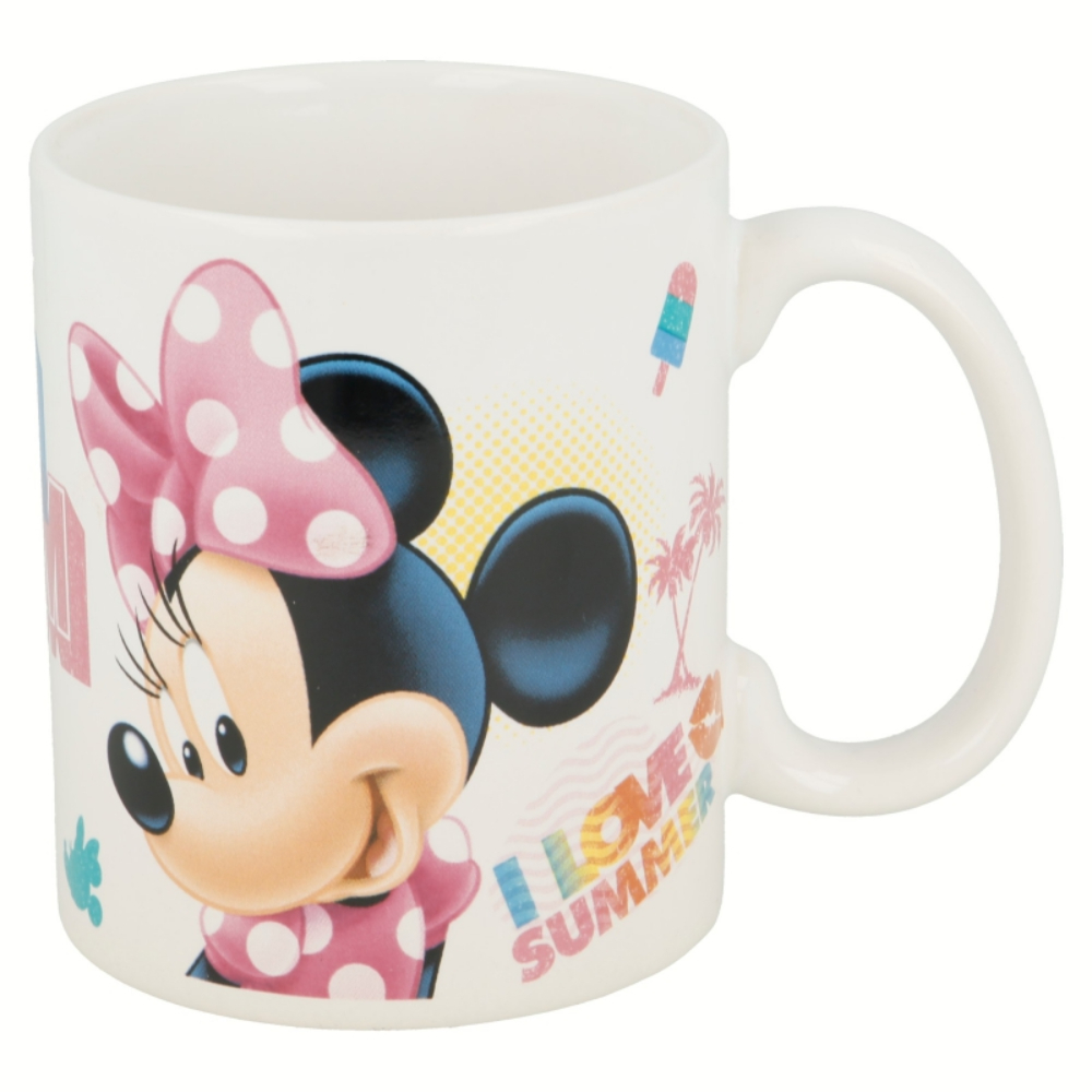 Taza blanca con Minnie Mouse, lazo rosa y tema de verano.