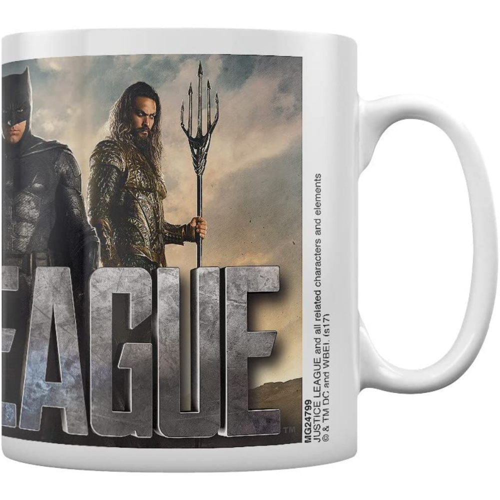 Taza blanca con Batman, Aquaman y el logo de la Liga de la Justicia.