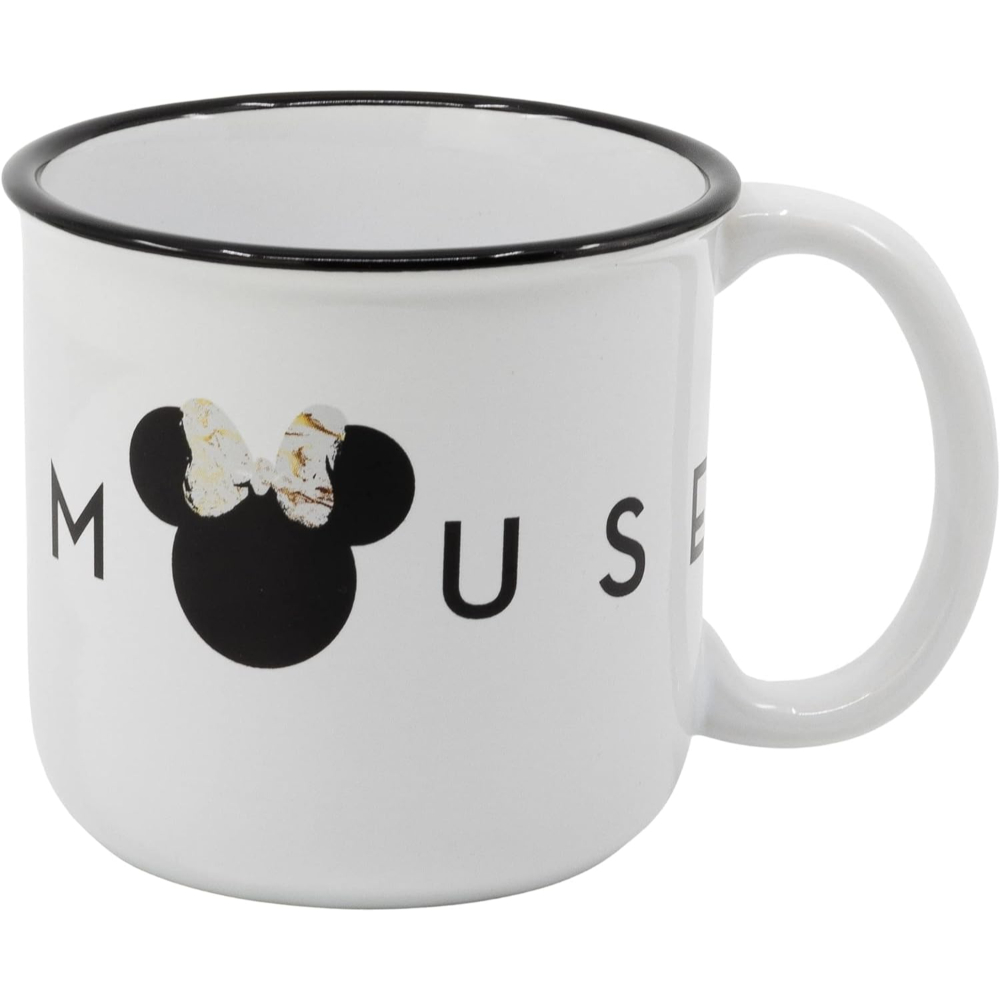 Taza blanca de Minnie Mouse con lazo negro y texto.