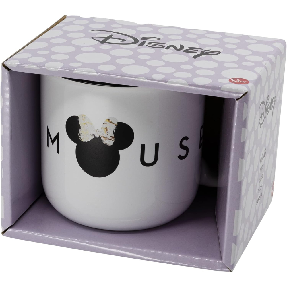 Taza de Minnie Mouse en una caja, con el logo de Minnie Mouse y un lazo.