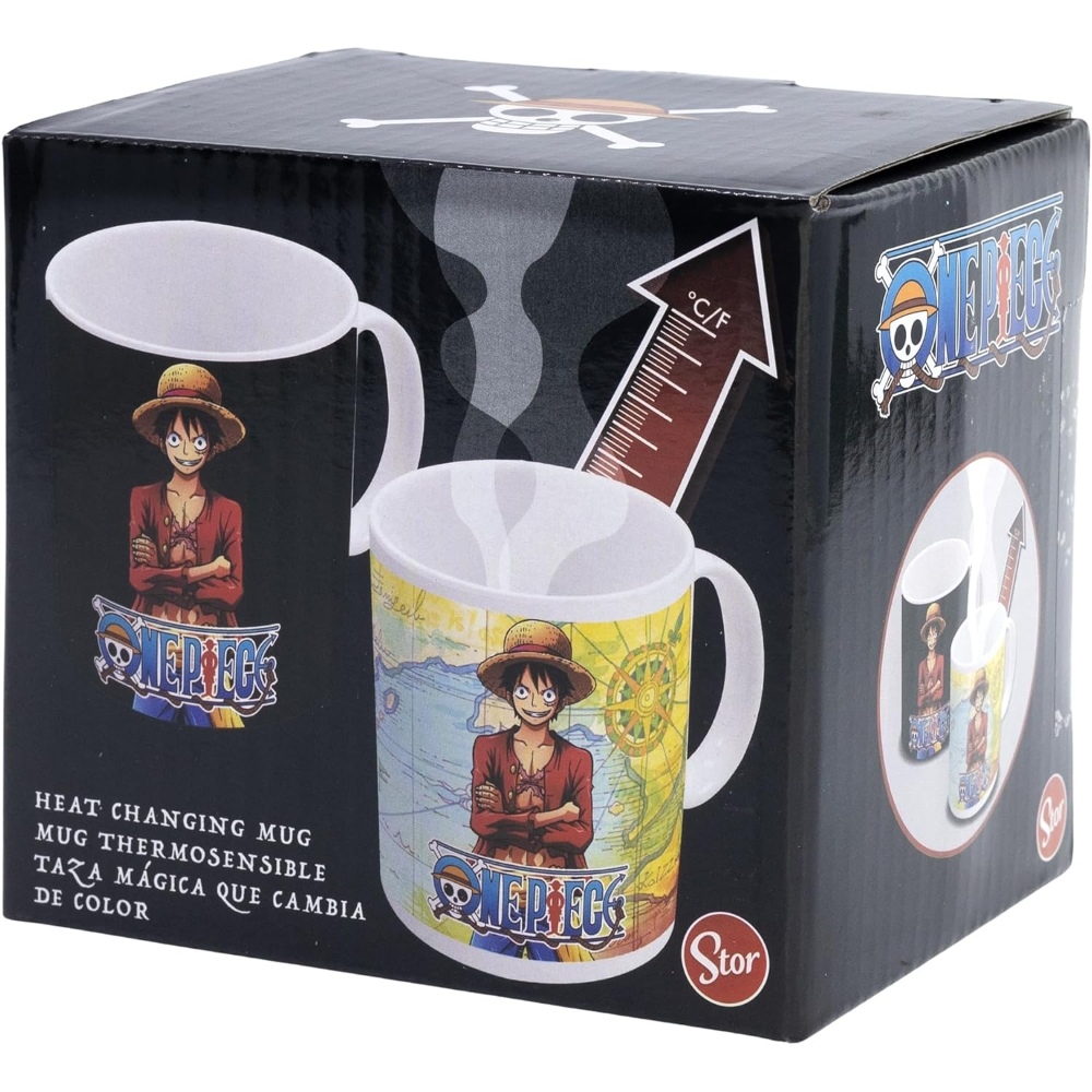Taza One Piece que cambia con el calor en una caja. La taza muestra a Luffy. La caja tiene un gráfico de indicador de temperatura.