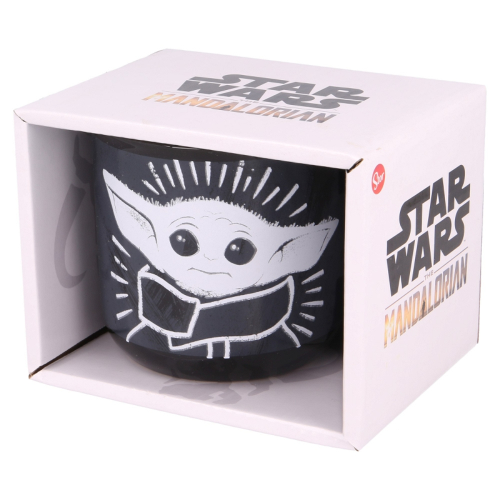 Star Wars Mandalorian Tasse in Box, mit Grogu-Design, weißer Hintergrund.