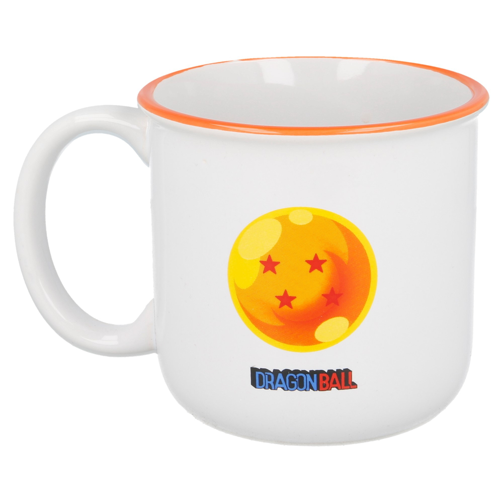 Taza de Dragon Ball. Taza blanca con una Dragon Ball. Bola amarilla y naranja con 4 estrellas rojas y el logo de Dragon Ball.