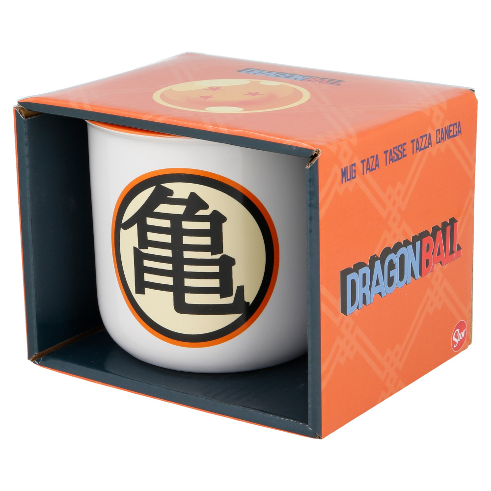 Una taza de Dragon Ball en una caja con el logo de Dragon Ball.
