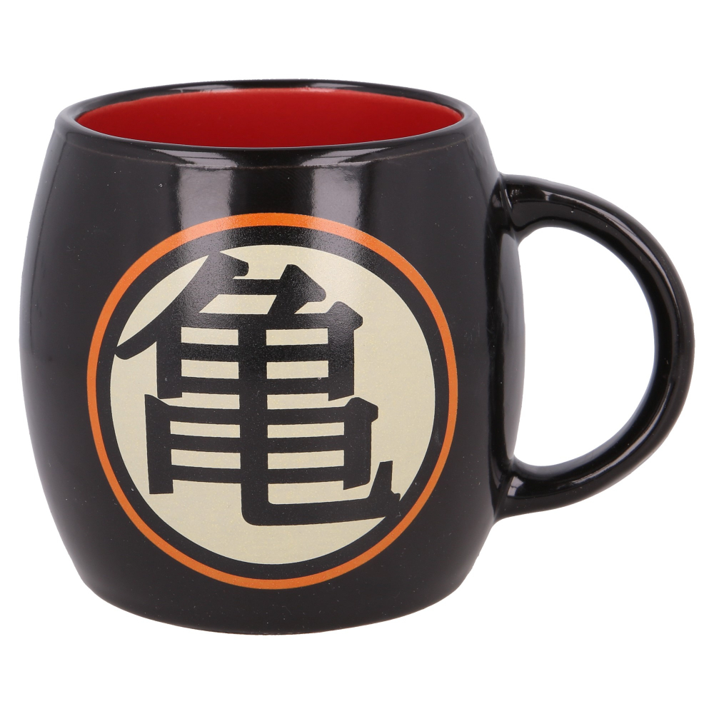 Taza negra con logo de Dragon Ball Z y borde naranja.
