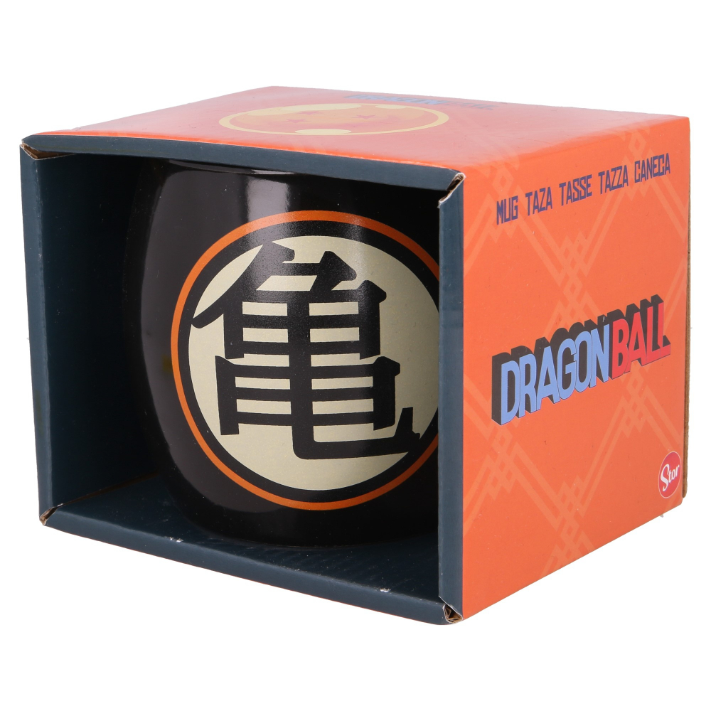 Taza de Dragon Ball en una caja. Taza negra con un símbolo y caja naranja.