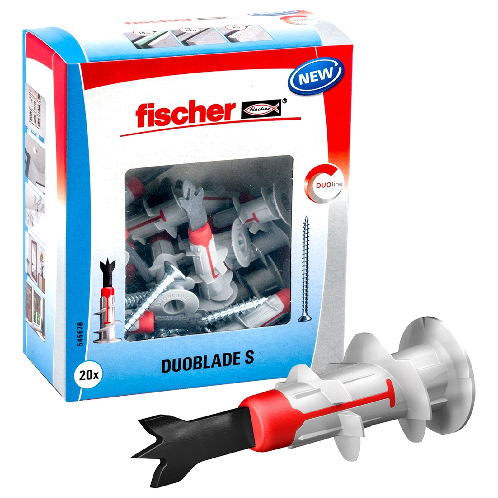 Doos met Fischer DuoBlade S schroeven en een voorbeeld van de schroef en plug.