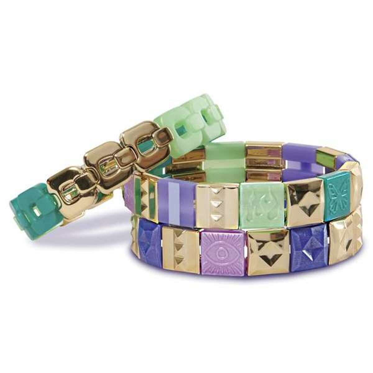 Tres pulseras con detalles dorados. Una es turquesa, otra lavanda y otra verde.