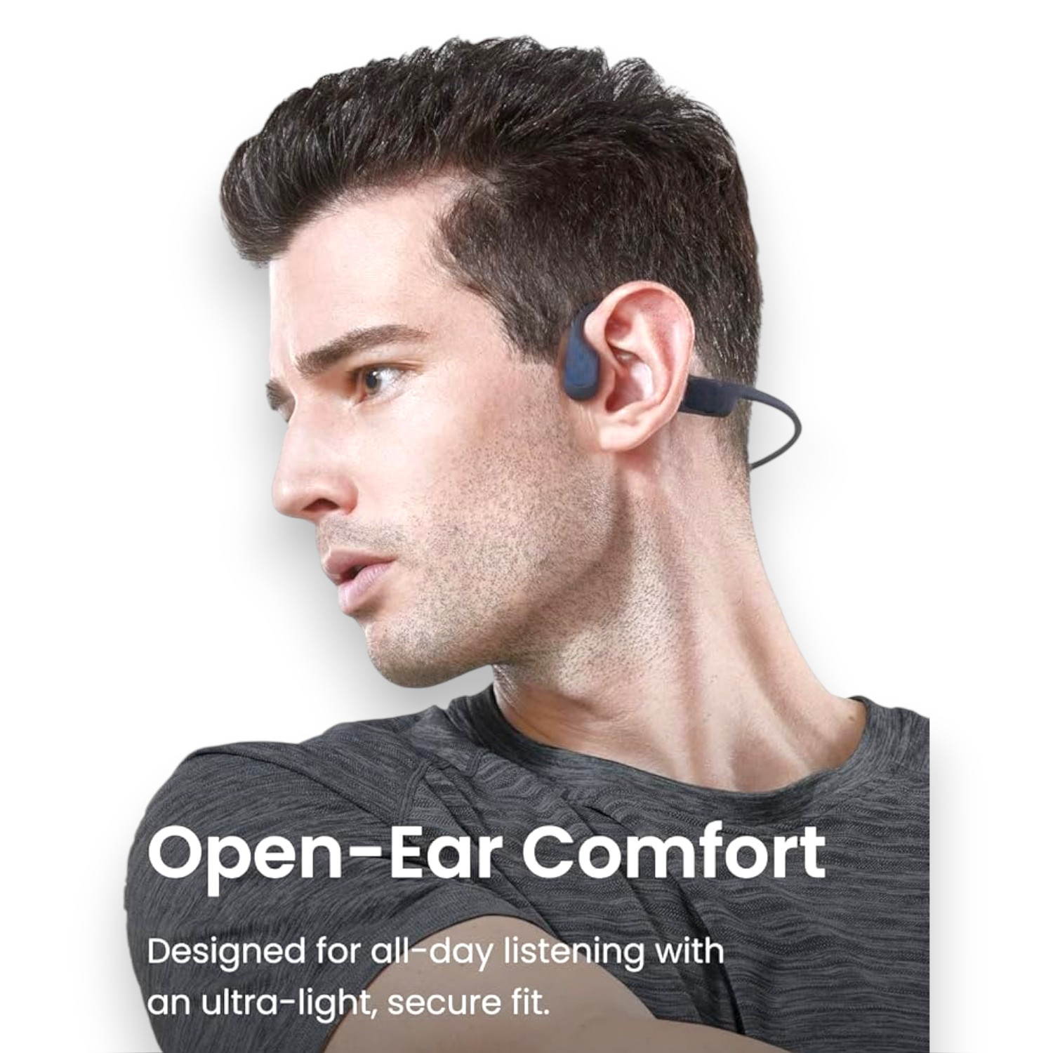 Un hombre usando auriculares de conducción ósea. El texto dice "Open-Ear Comfort" y "ajuste ultraligero y seguro".