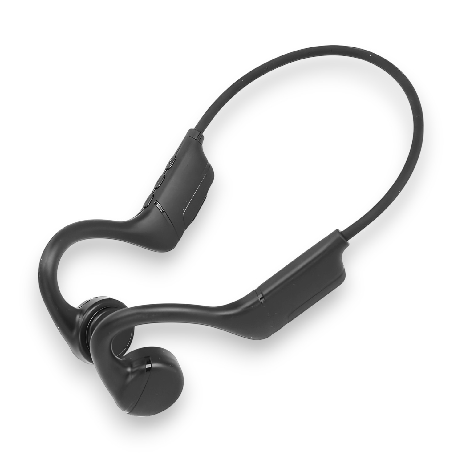 Auriculares negros de conducción ósea, con banda flexible que rodea la cabeza y orejas.