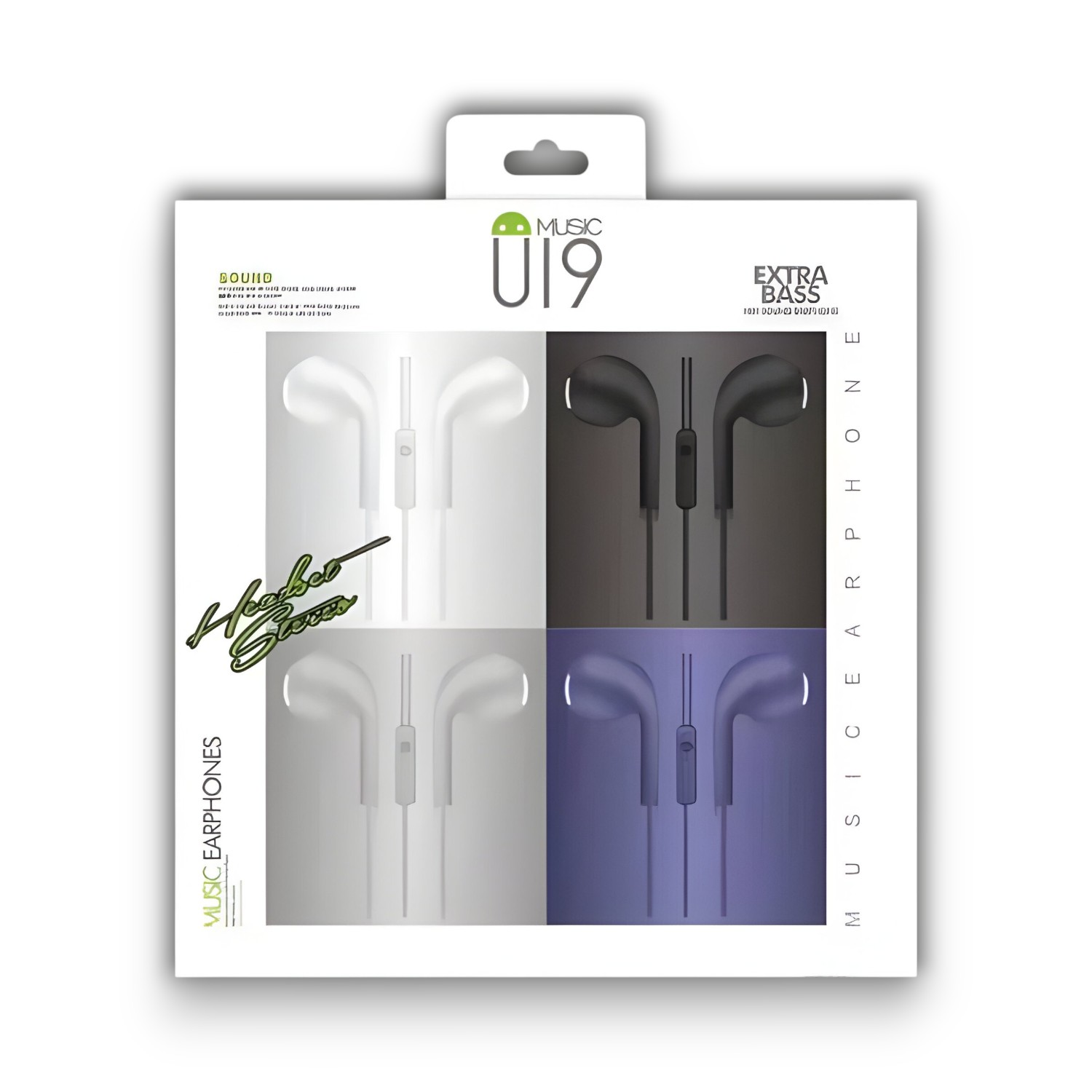 Caja blanca con auriculares U19 Music. Auriculares en blanco, negro, gris y morado en el frente.