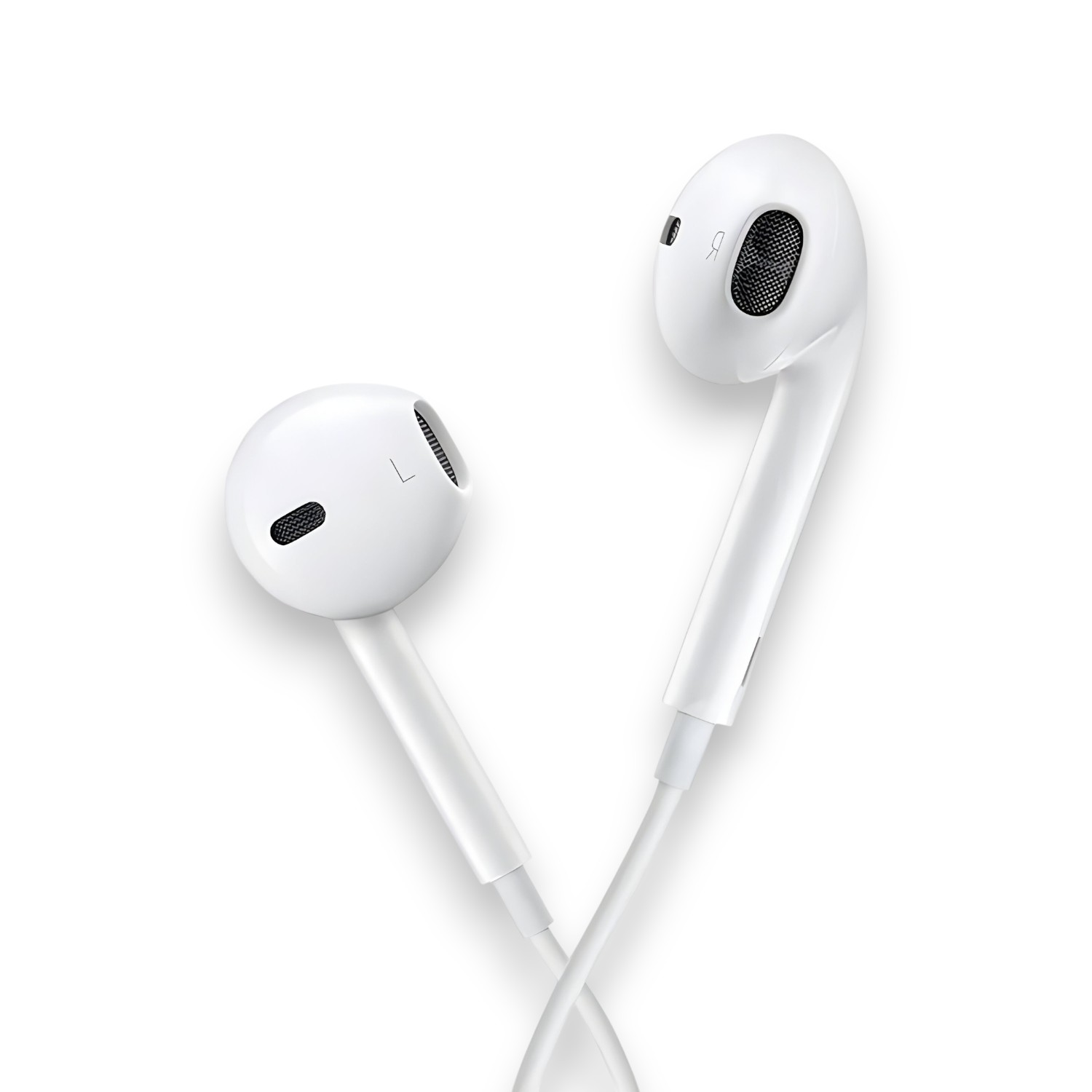 Auriculares blancos de Apple. Primer plano de los auriculares.