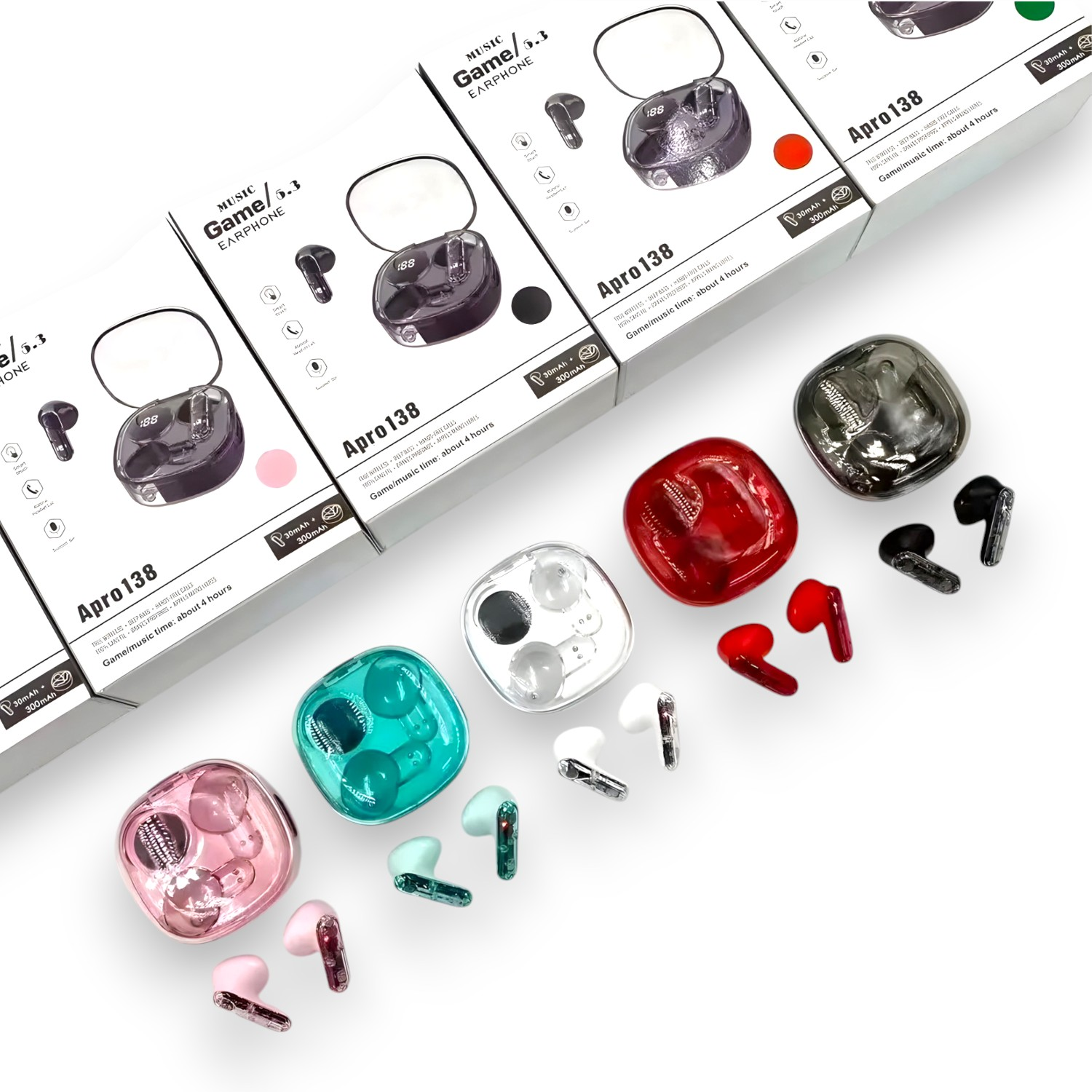 Auriculares en cajas y dispuestos sobre una superficie blanca. Los auriculares son de diferentes colores.