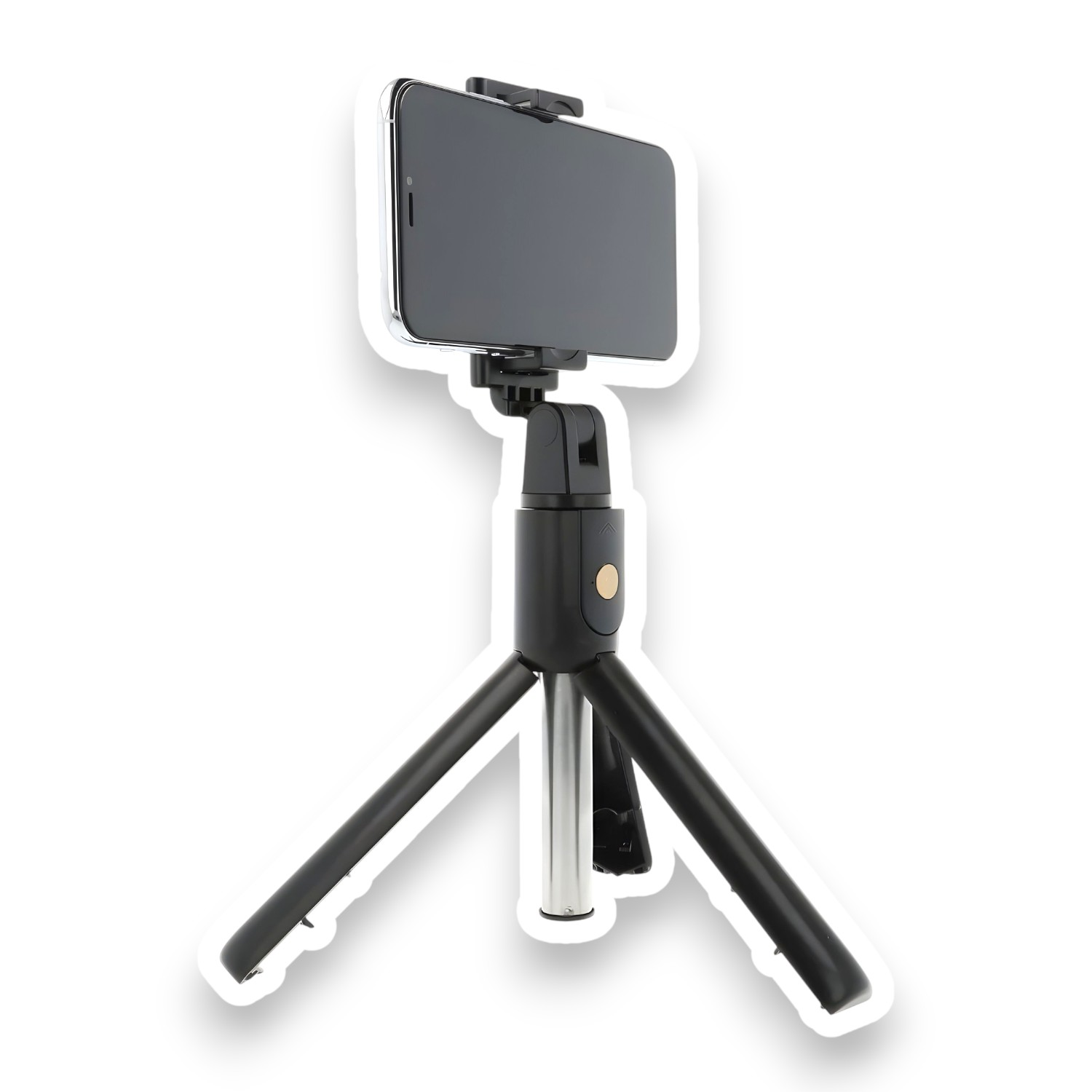 Trípode para selfie stick negro y plateado, sosteniendo un teléfono. La pantalla del teléfono es negra.