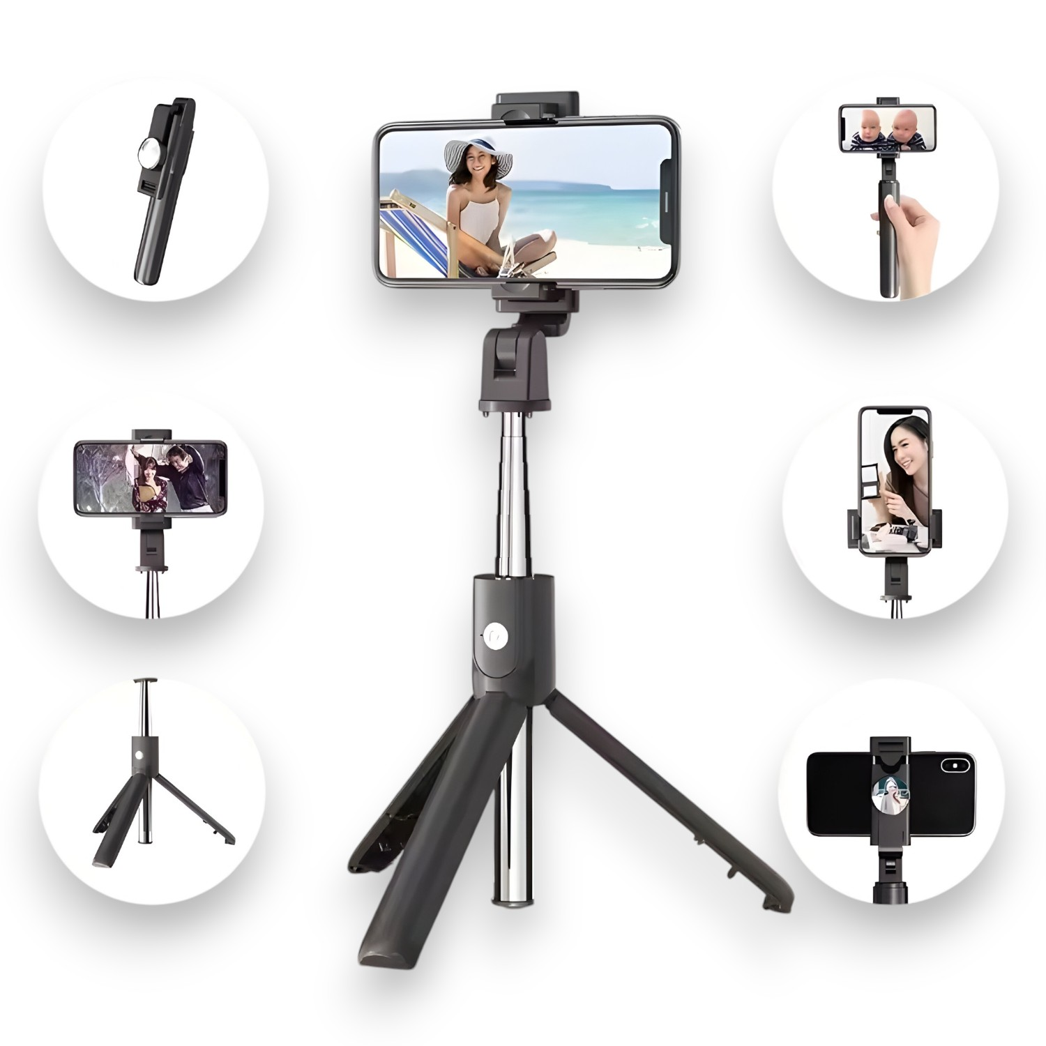 Un palo para selfies con múltiples fotos de personas usándolo. Negro y plateado.